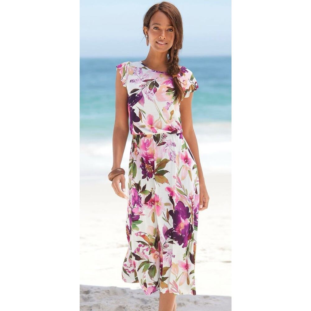 NEW Lascana Flutter Sleeve Flowy Viscose Midi Dress White Purple Pink‎ Floral 8